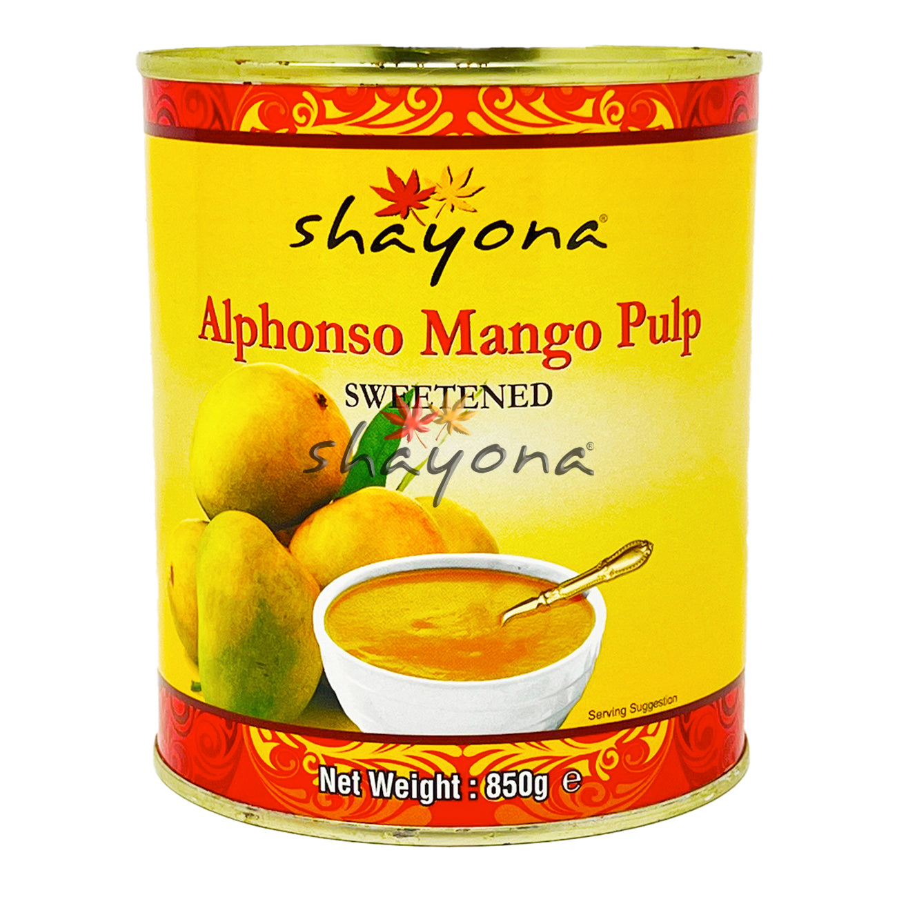 850g can of sweetened Alphonso mango pulp with ripe mangoes and serving bowl on label