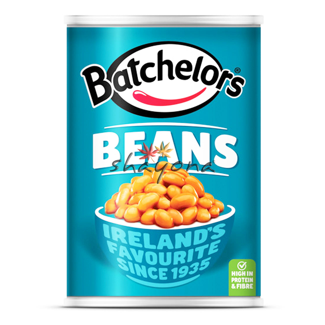 Batchelors Baked Beans tin with blue label, showcasing beans in tomato sauce, high in protein and fibre.