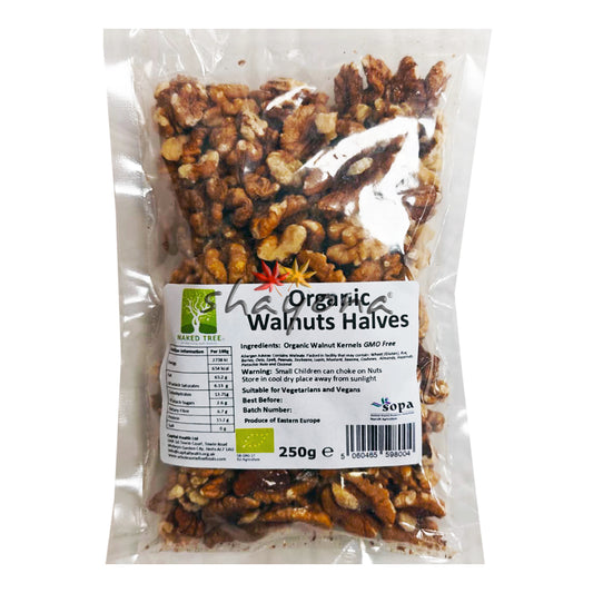 Naked Tree Organic Walnut Halves 250g pack - GMO-free walnut kernels
