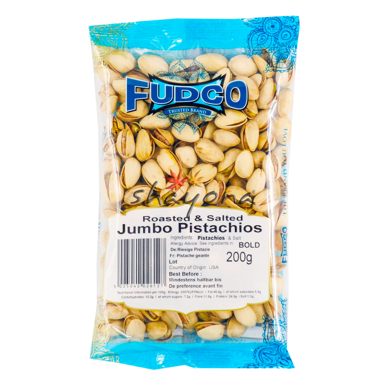 200g pack of roasted and salted jumbo pistachios in clear blue packaging